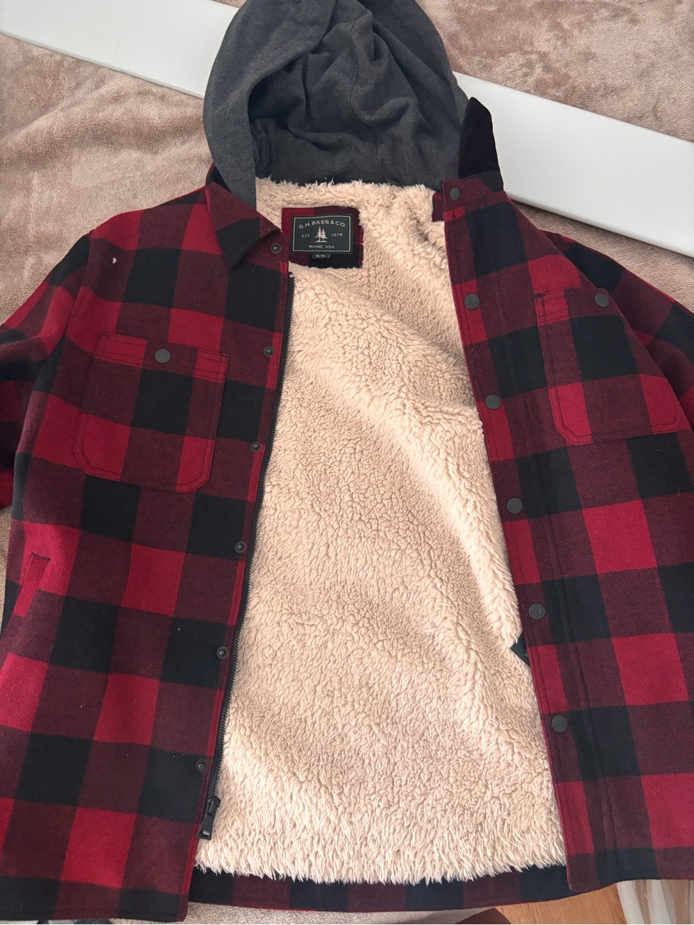 G.H. Bass & Co. Red and Black Buffalo Plaid Sherpa-Lined Hooded Shirt Jacket